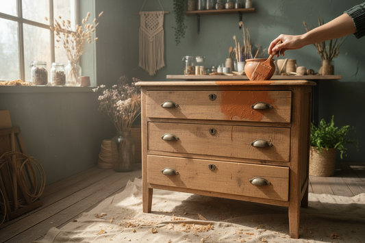 Alte Kommode wird mit Terrakotta-Farbe upcycled in einer gemütlichen Werkstatt