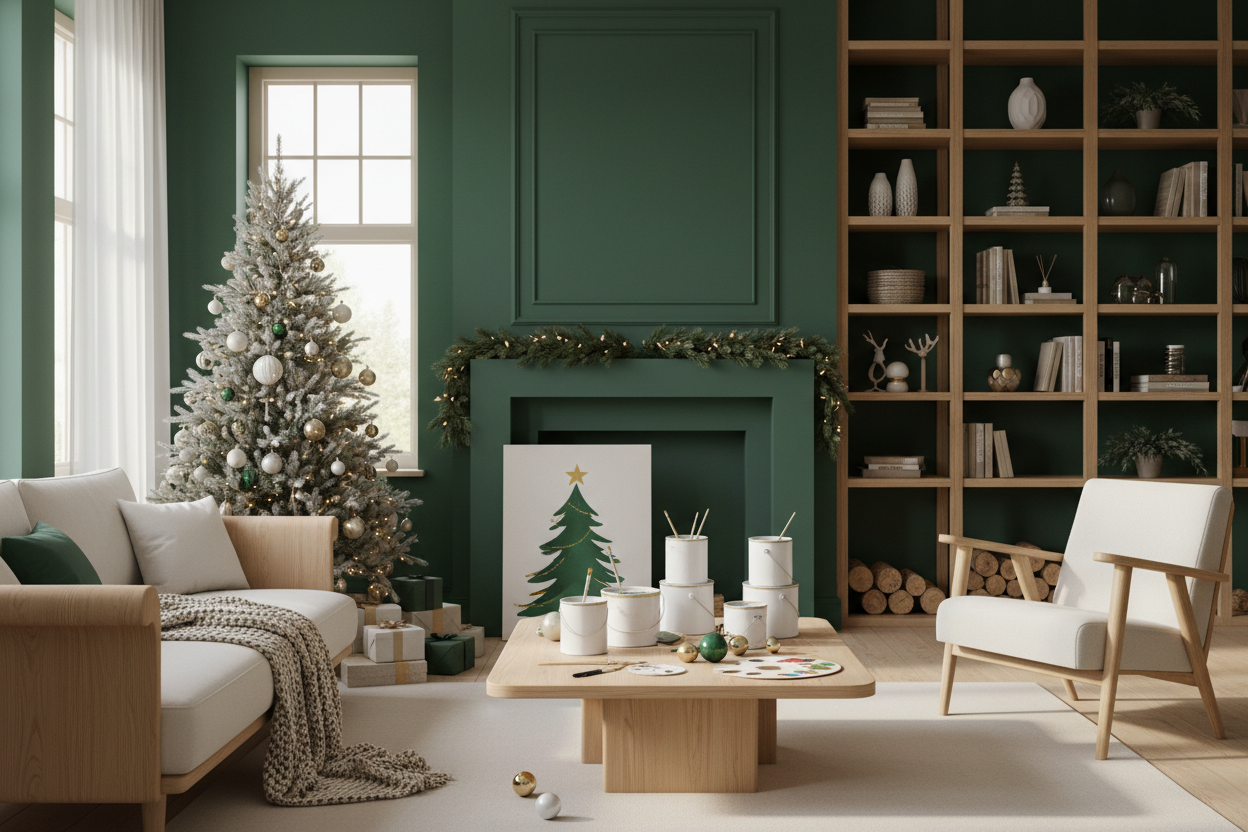Weihnachtsbild mit grünen Wänden, hellen Möbeln und Farbdosen und Pinsel